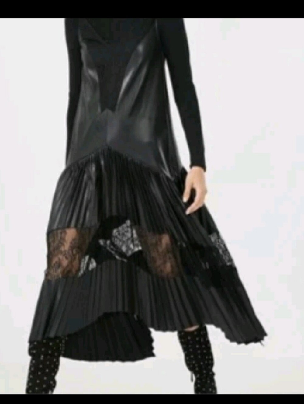 New With Tag BCBGMAXAZRIA FAUX LEATHER LACE INSET PLEATED ASYMMETRIC I DRESS - Picture 2 of 7